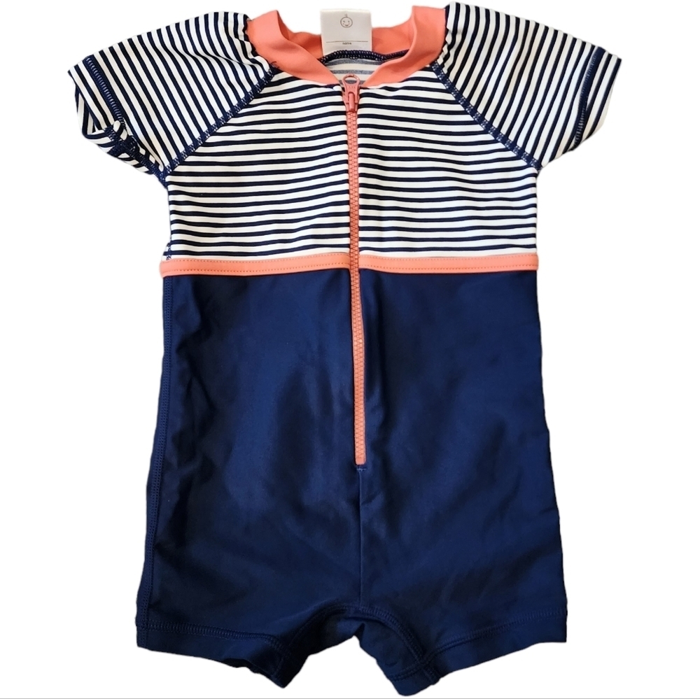 Hanna Andersson Zip 1-Peice Short Sleeve Swimsuit Romper 3-6M Blue White Stripes